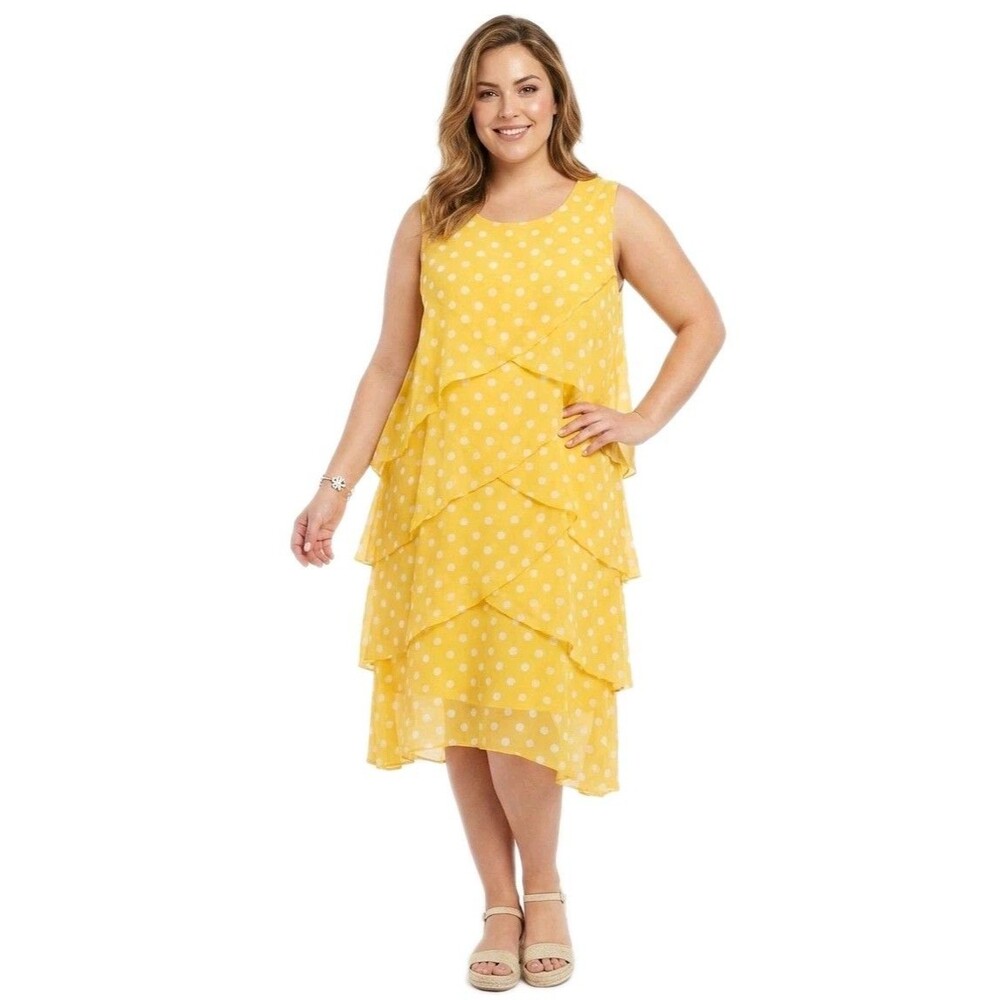 Anthony Richards VTG Yellow Polka Dot Layered Flowy Spring Midi Shift Dress 18W